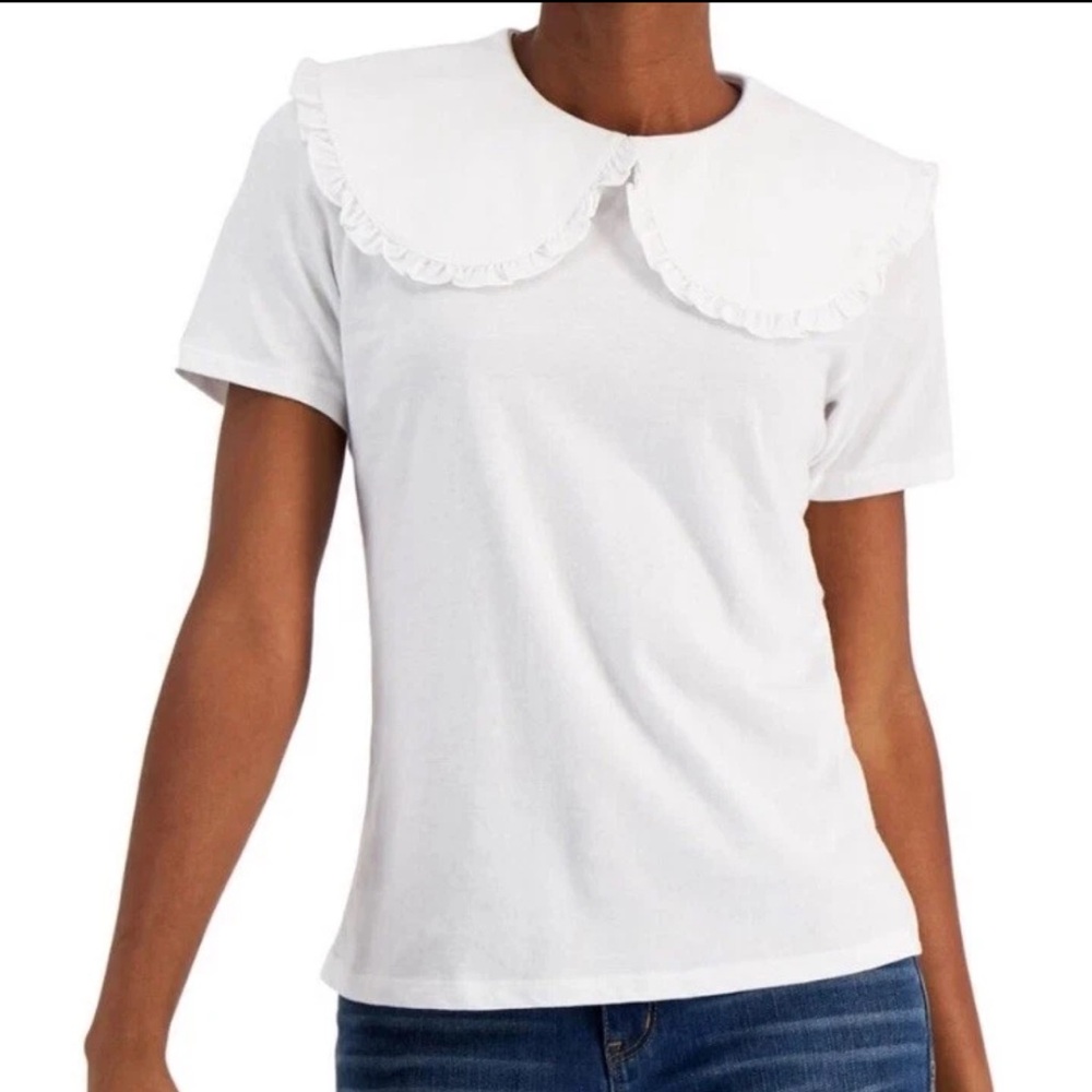 Nwt H&M White Ruffled-Collar T-Shirt
